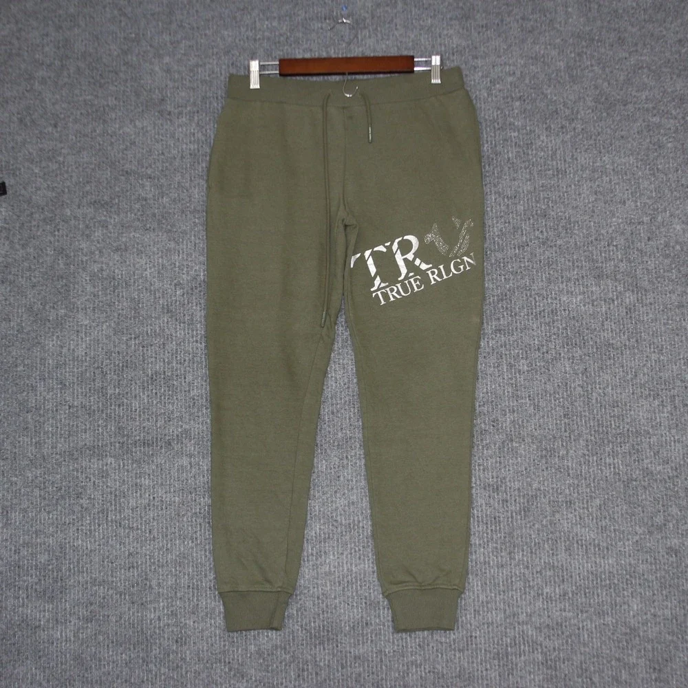 True Religion Mens Jogger Sweatpants Olive Green TR Logo Size M Rhinestones‎